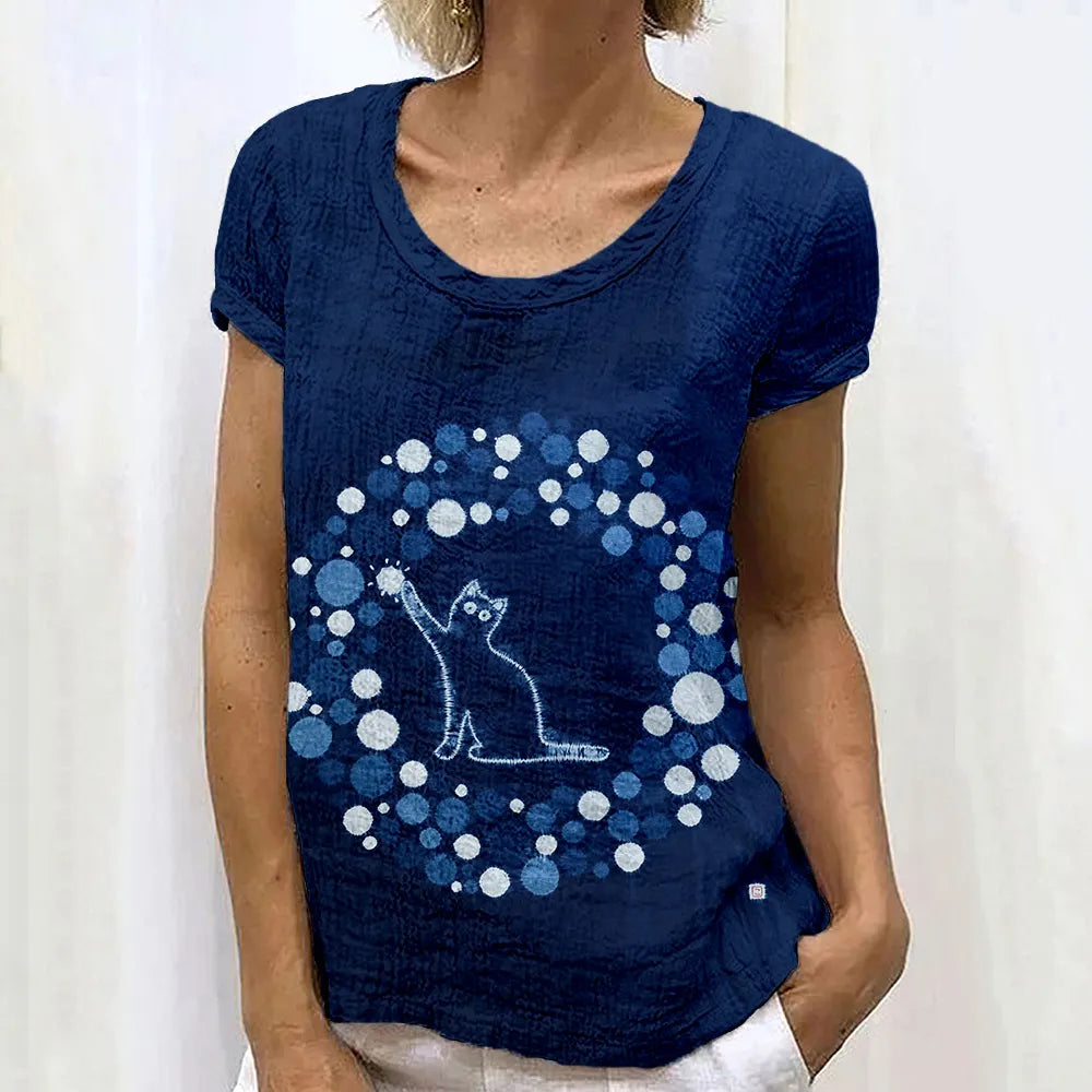 Lovely Cat Indigo Shibori Art Linen Blend Cozy Shirt