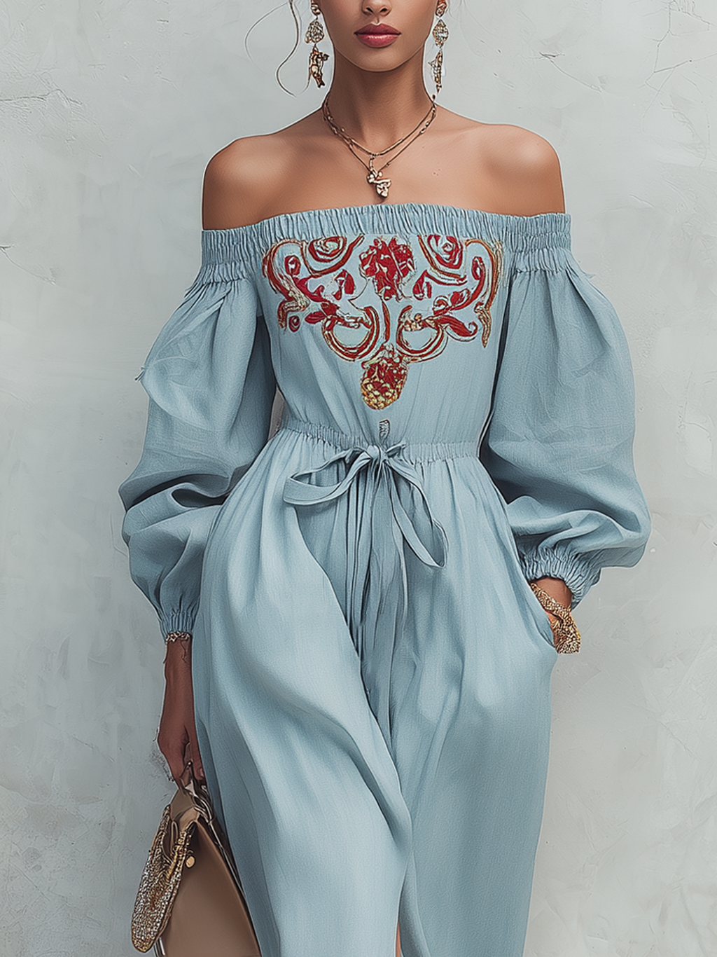 Blue Off Shoulder Vintage Embroidered Maxi Dress