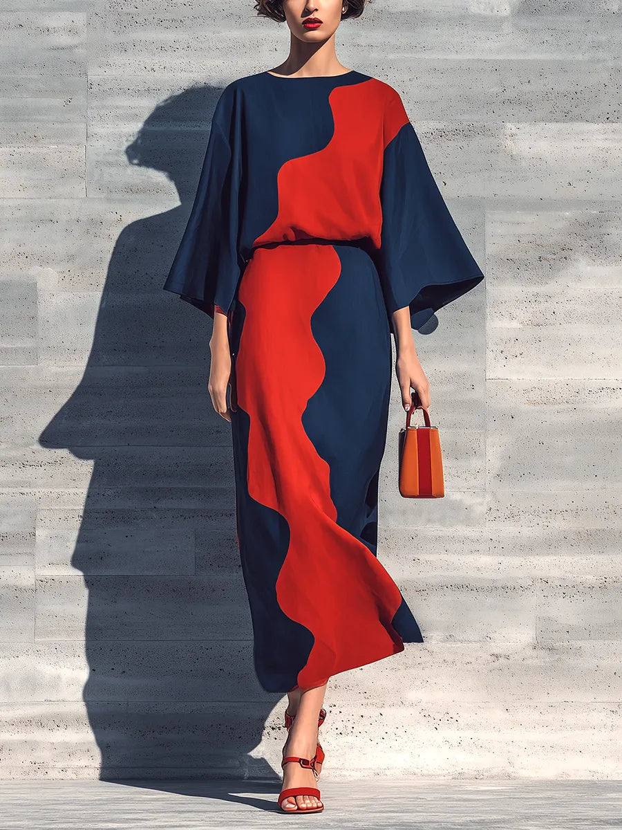 Women’s Navy & Red Wavy Color Block Round Neck Flare Three Quarter Sleeve Loose Dress MDZ0657G9YZJ