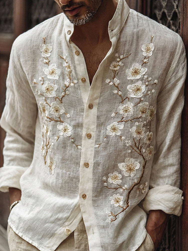 Men's Vintage Cherry Blossom Embroidered Art Print Comfy Shirt