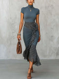 Slate Blue Leopard Patchwork Ruched Bodycon Midi Dress With 3D Floral Detail