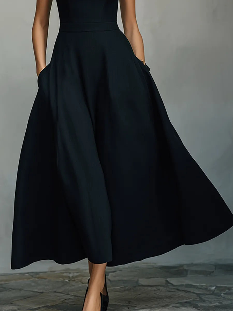 Women's Black Cotton-Blend Maxi Dress With Wide Square Neck Thick Straps & Side Patch Pockets, Minimalist Elegant Formal Swing Dress MDZ2269F2LYL