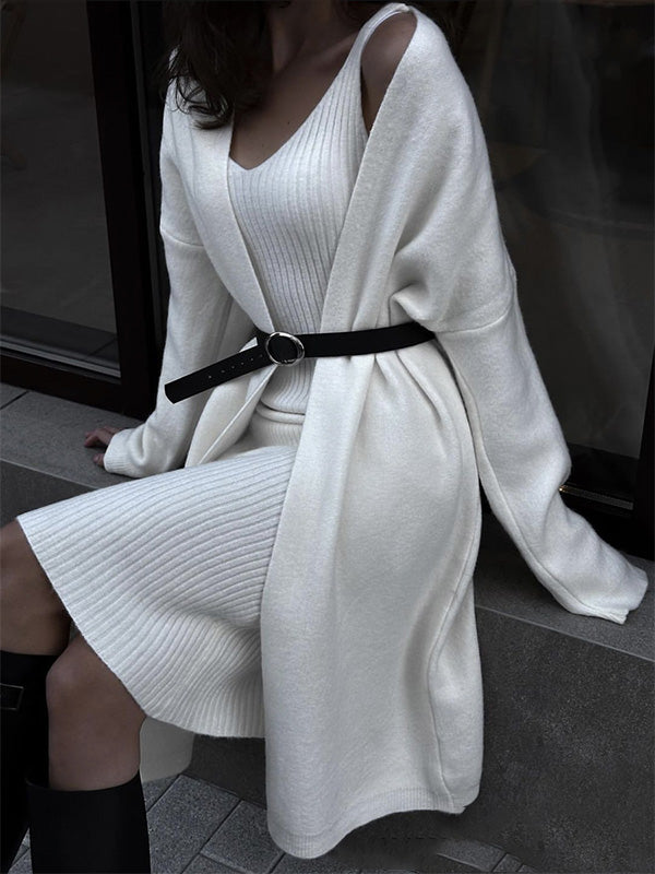 V-Neck Pullover Dress & Sweater Cardigan Set