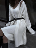 V-Neck Pullover Dress & Sweater Cardigan Set