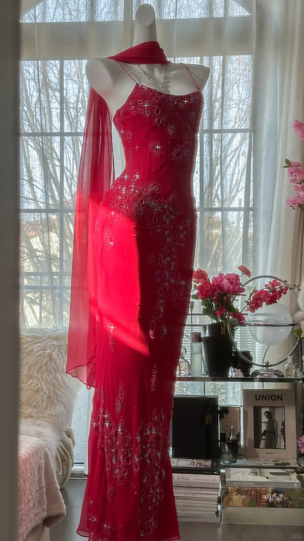 Red Romantic Gorgeous Fashion Elegant Exquisite Beaded Long Chiffon Ball Gown Evening Dress Birthday/Wedding Guest/Vacation Party Dress Prom Dress Valentine's Day Date Dress