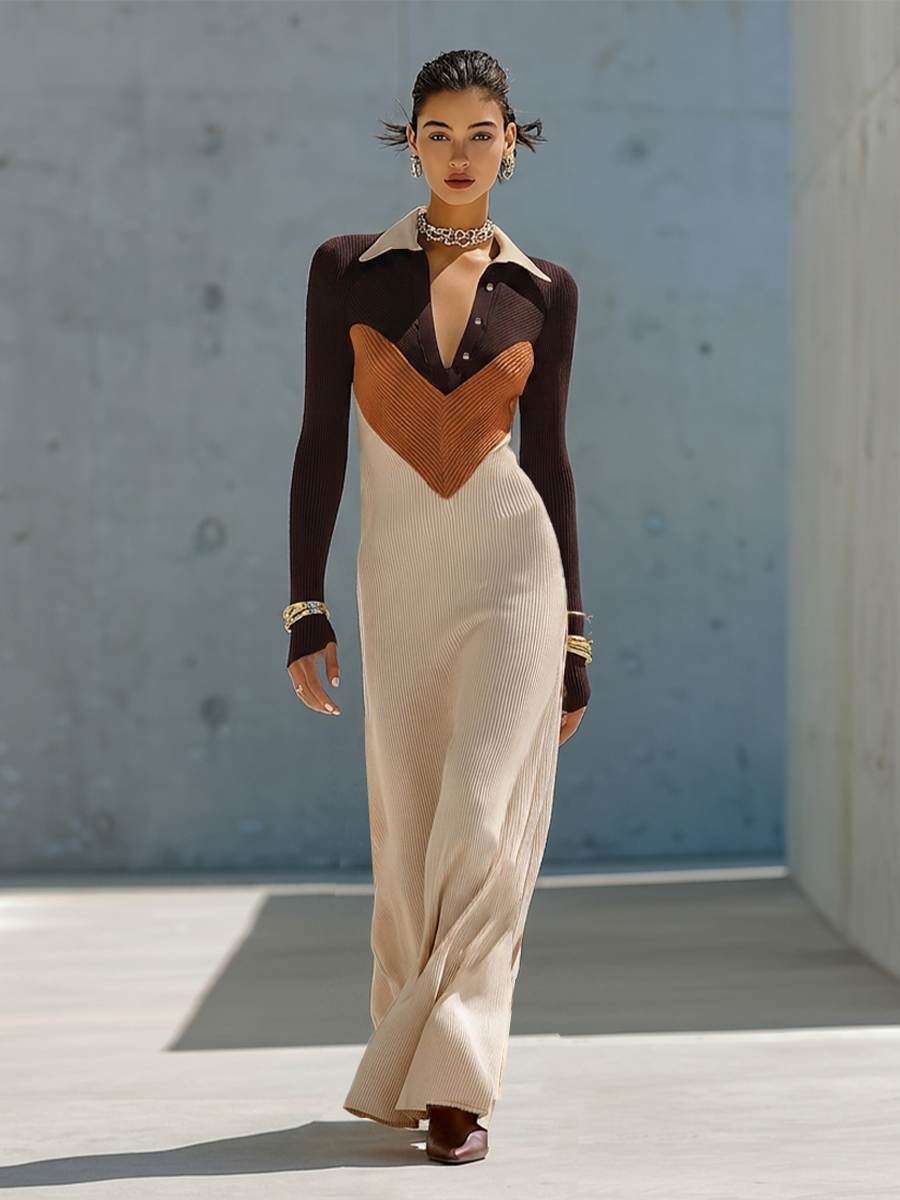 Women's Multi-Tone Neutral Ribbed Knit Maxi Gown With Point Collar Button Placket & Chevron Color Block Panel, Elegant Bodycon Long Sleeve Sweater Maxi Dress MDZ2762G9LYL