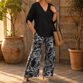 Lark & Palm – Women's V-Neck Top & Leaf-Print Wide-Leg Pants Set