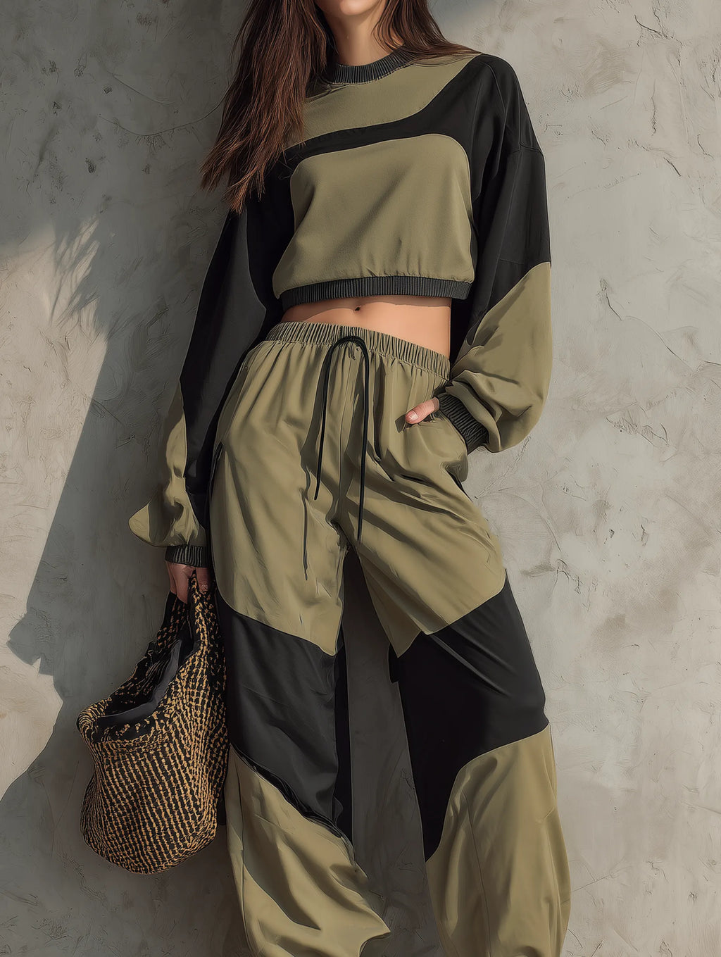 Women's Casual Long-sleeve Woven Top And Pants Tracksuit Featuring Dark Green And Black Color-blocking MDZ2116G9LXY