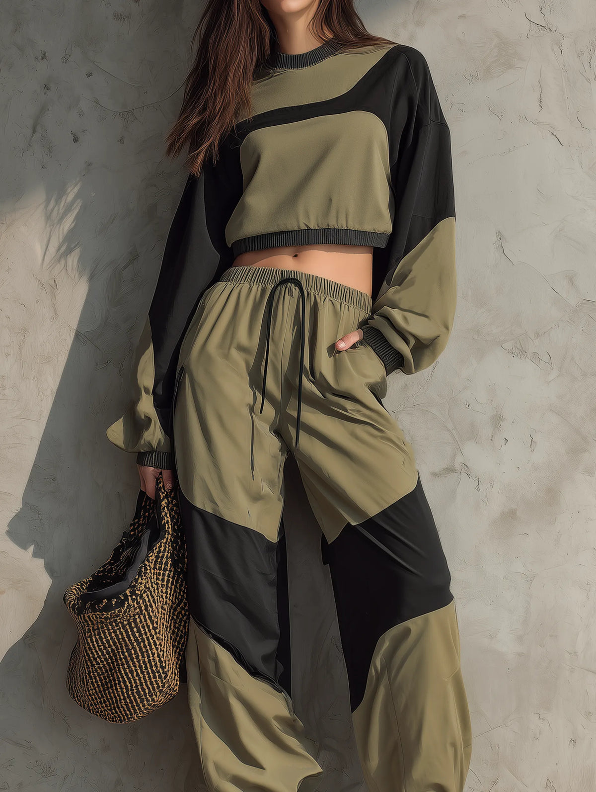 Women's Casual Long-sleeve Woven Top And Pants Tracksuit Featuring Dark Green And Black Color-blocking MDZ2116G9LXY