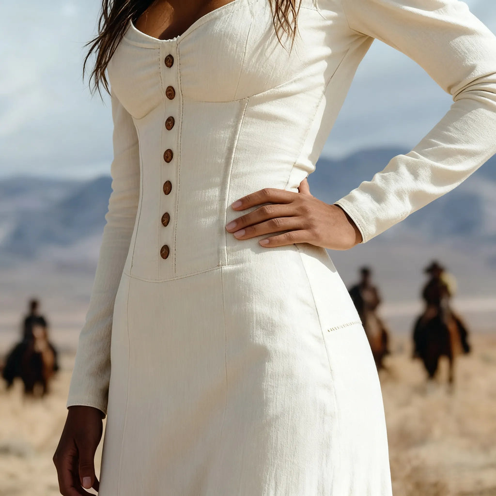 Ivory Western Boho Maxi Dress with Corset Bodice