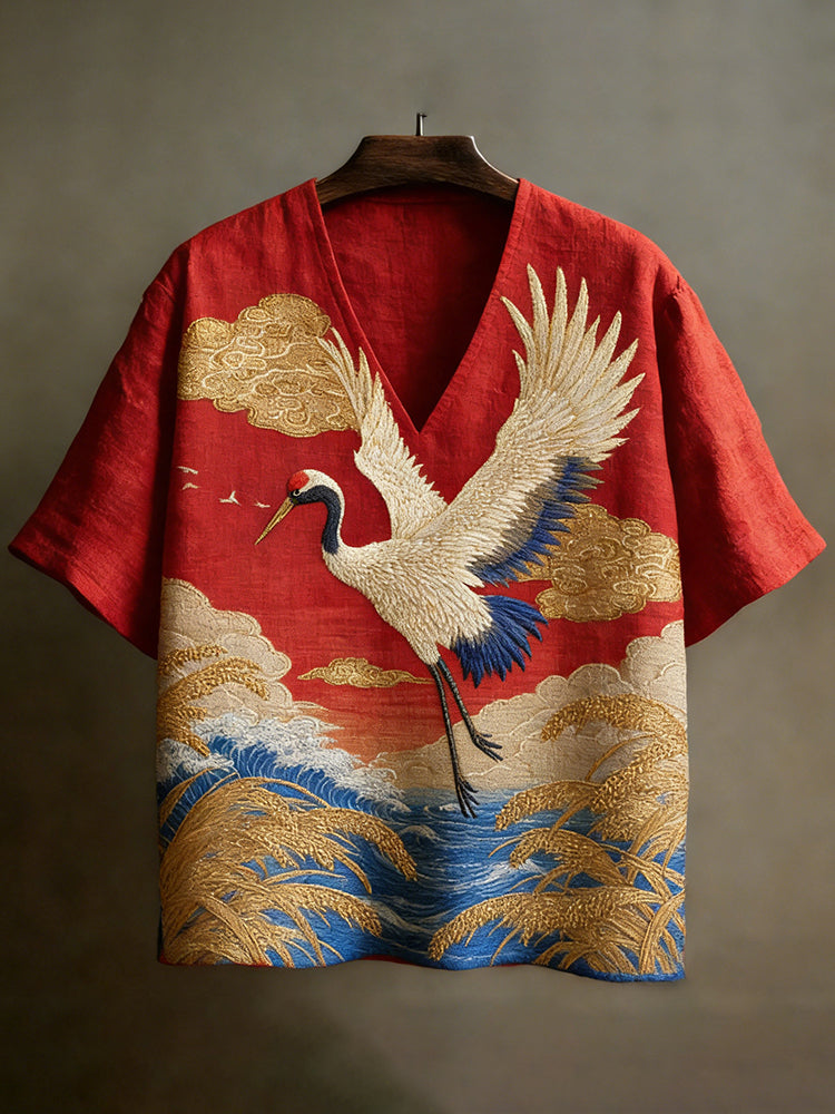 Men's Japanese Crane Pattern Linen Short-sleeve V-neck Shirt