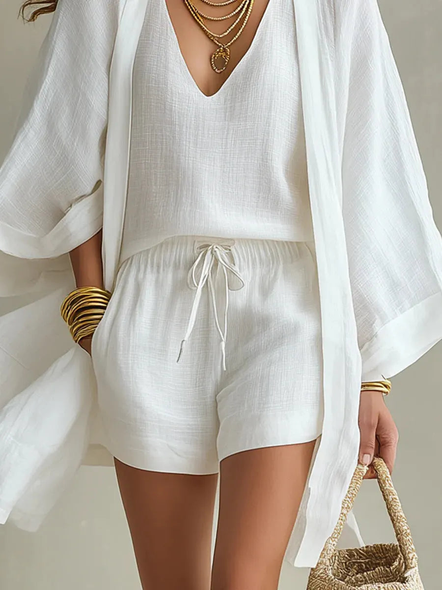 White Loose Cardigan And Drawstring Shorts Three-piece Set