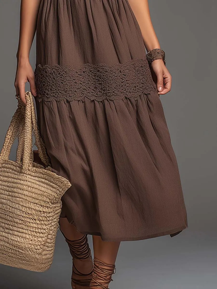 Vintage Square-Neck Lace Panel Spaghetti Straps Midi Dress