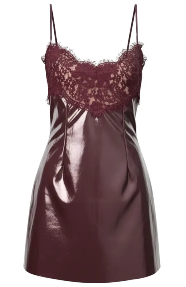 Lace Insert Faux Leather Dress Burgundy