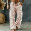 Men's Spring Floral Embroidered Art Print Flowy Linen Blend Casual Pants