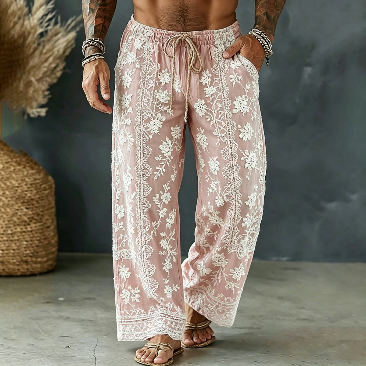 Men's Spring Floral Embroidered Art Print Flowy Linen Blend Casual Pants