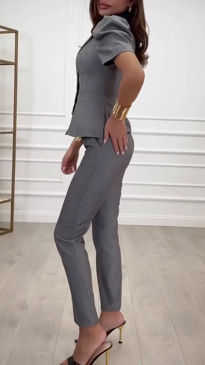 Grey Puff-Sleeve Tailored Suit