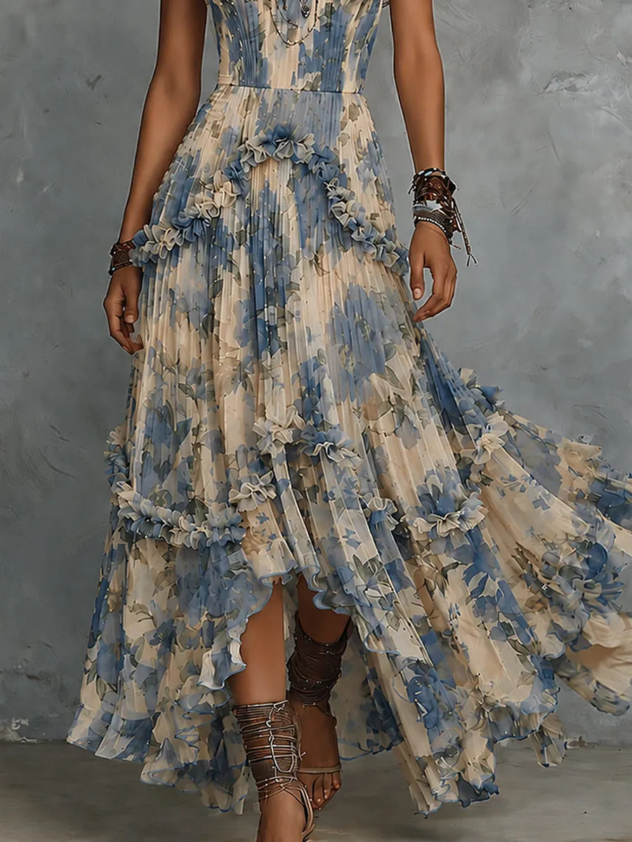 Retro Strapless Printed Pleated Ruffle Trim Chiffon Maxi Dress