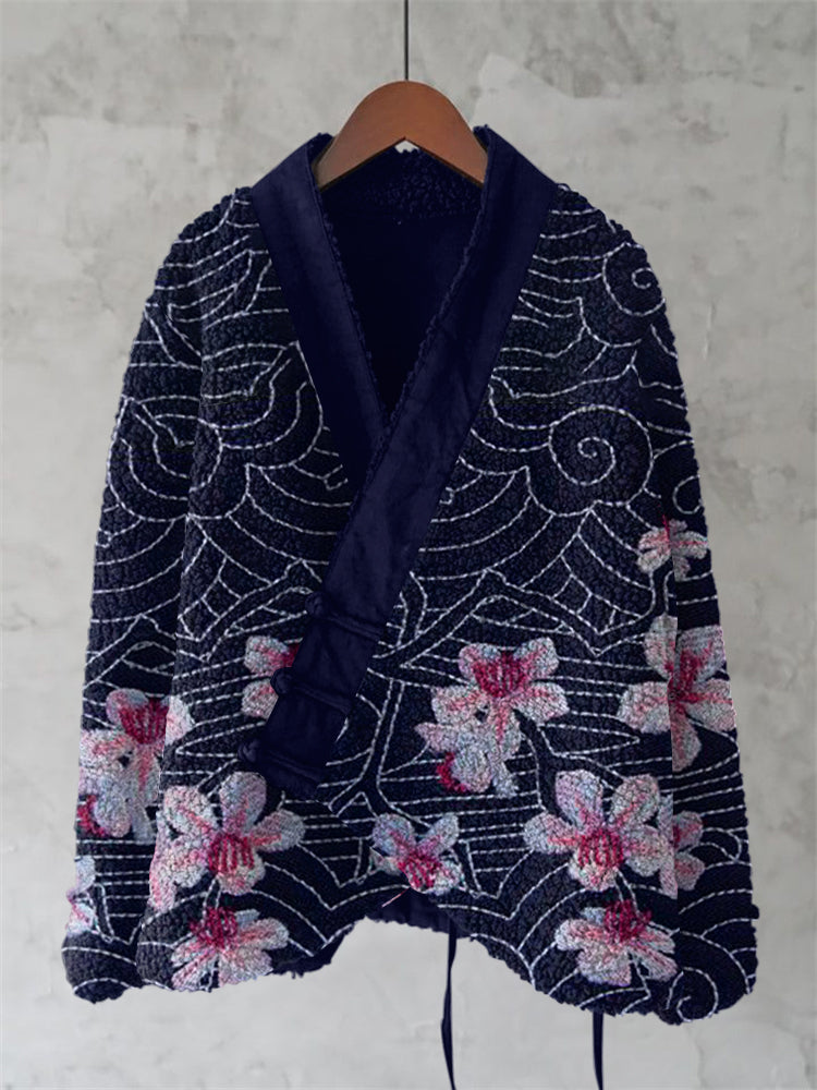 Japanese Cherry Blossom Line Embroidery Print Women'S Kimono Cardigan