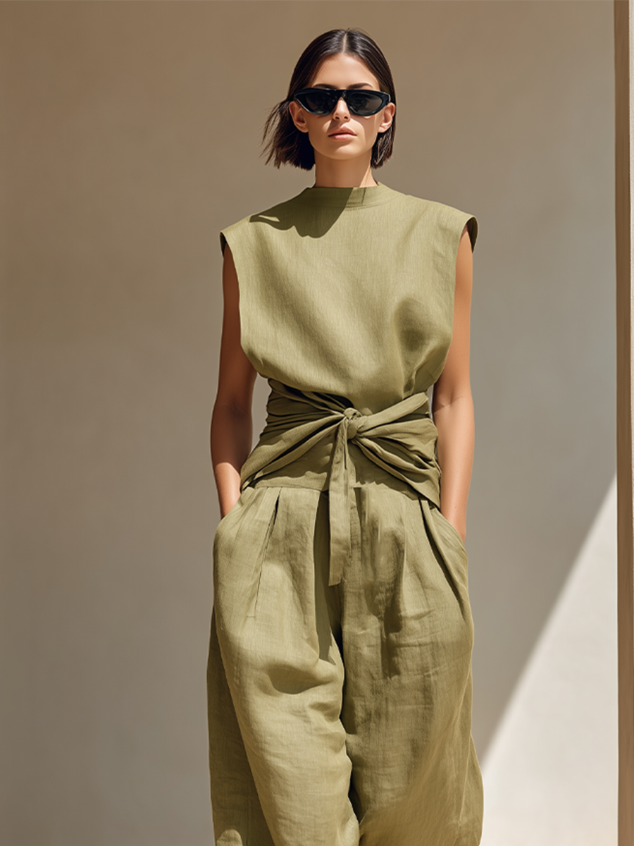 Women's Olive Green Linen Jumpsuit With Sleeveless Mock Neck & Front Waist Wrap Tie, Minimalist Resort Wide Leg Linen Jumpsuit MDZ3015F7LYL