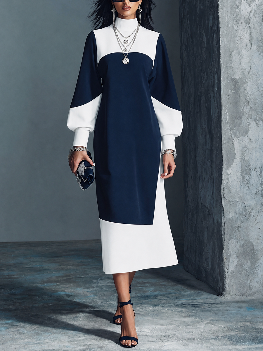 Women's Modern Elegant Navy White Cotton Blend Color-Block Lantern Sleeve Midi Dress MDZ2113G5GMJ