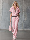 Elegant Fashion Sporty Hooded Front Zipper Short-sleeved Pink Cotton Top And Pants Set