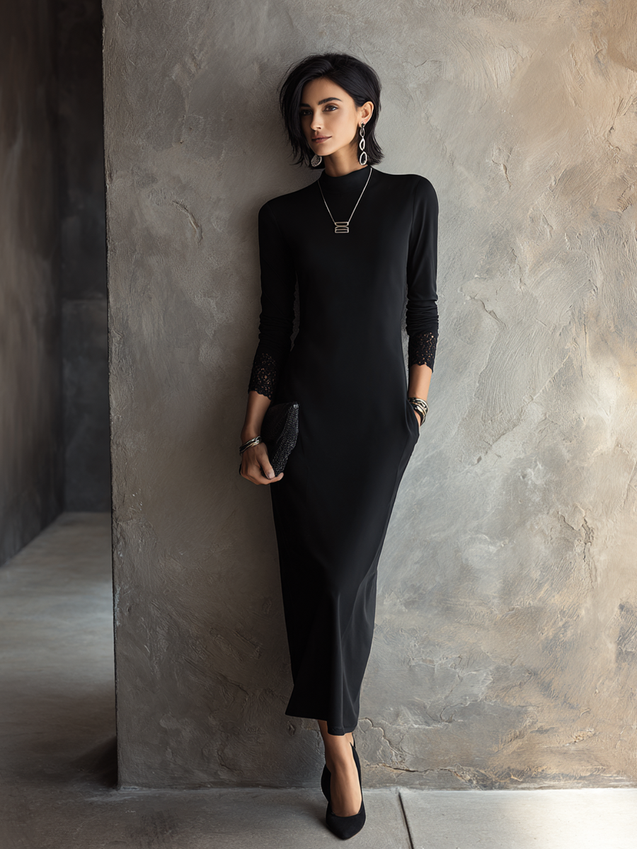 Women's Minimalist Elegant Black Cotton Blend Lace Cuff Mock Neck Midi Dress MDZ2220G7GMJ