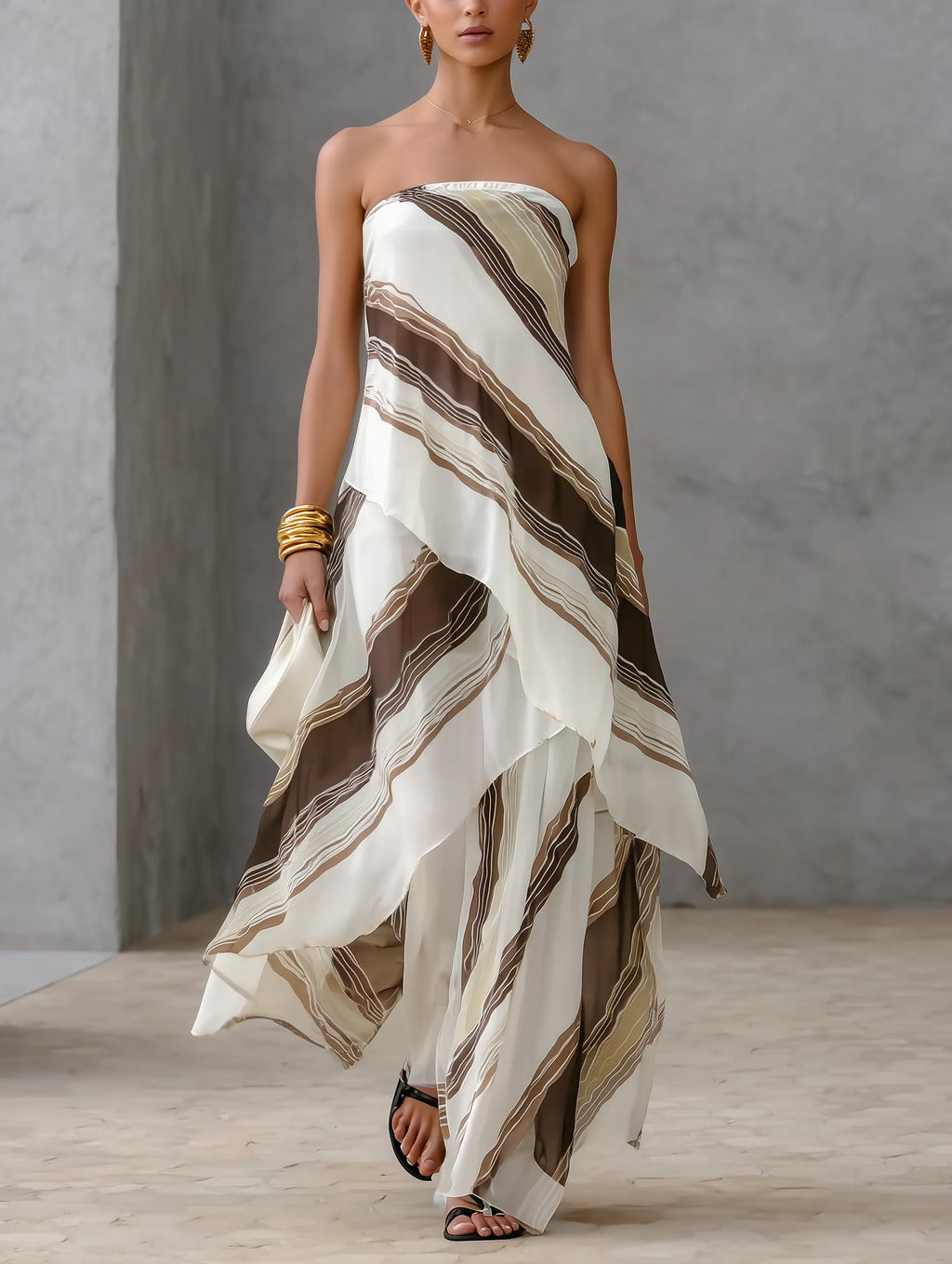 Women's Casual White And Brown Striped Chiffon Strapless Sleeveless Maxi Dress MDZ2046E1LXY