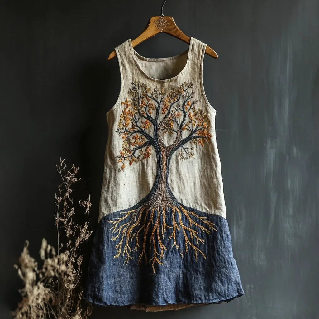 Tree Of Life Embroidered Vintage Art Women's Linen Vest Dress