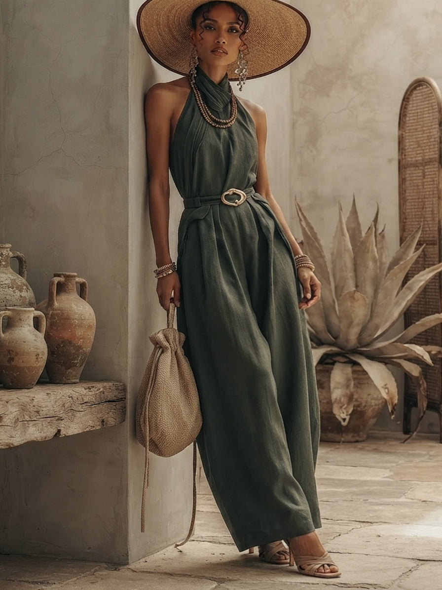 Green Linen Blend Sleeveless Jumpsuit
