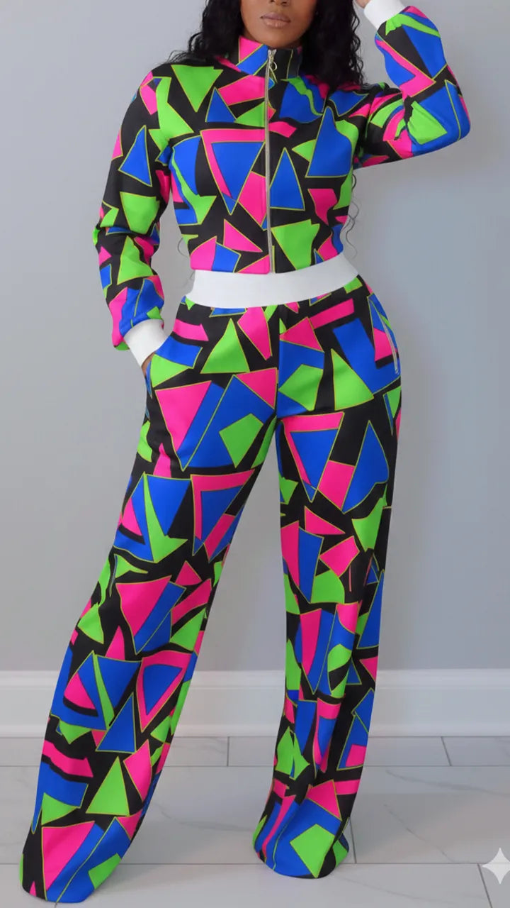 Women Standing Collar Triangle Printed Casual Suit