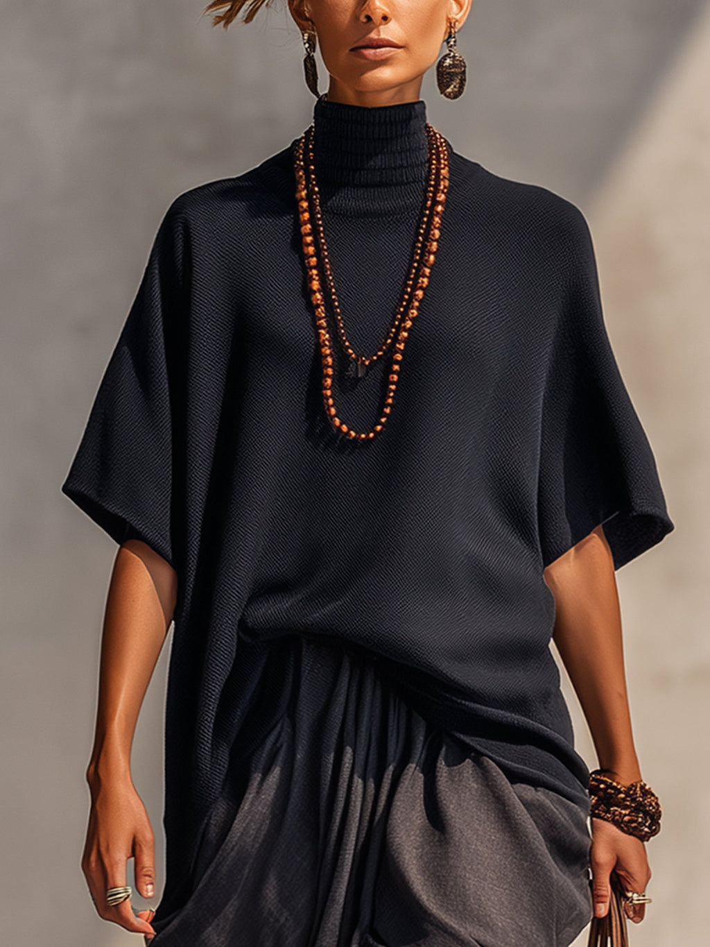 Black Knit Top And Gray Linen Draped Skirt Set