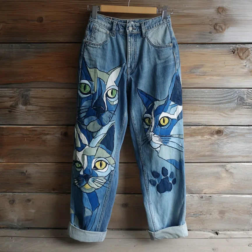 Vintage Cat Embroidered Washed Jeans