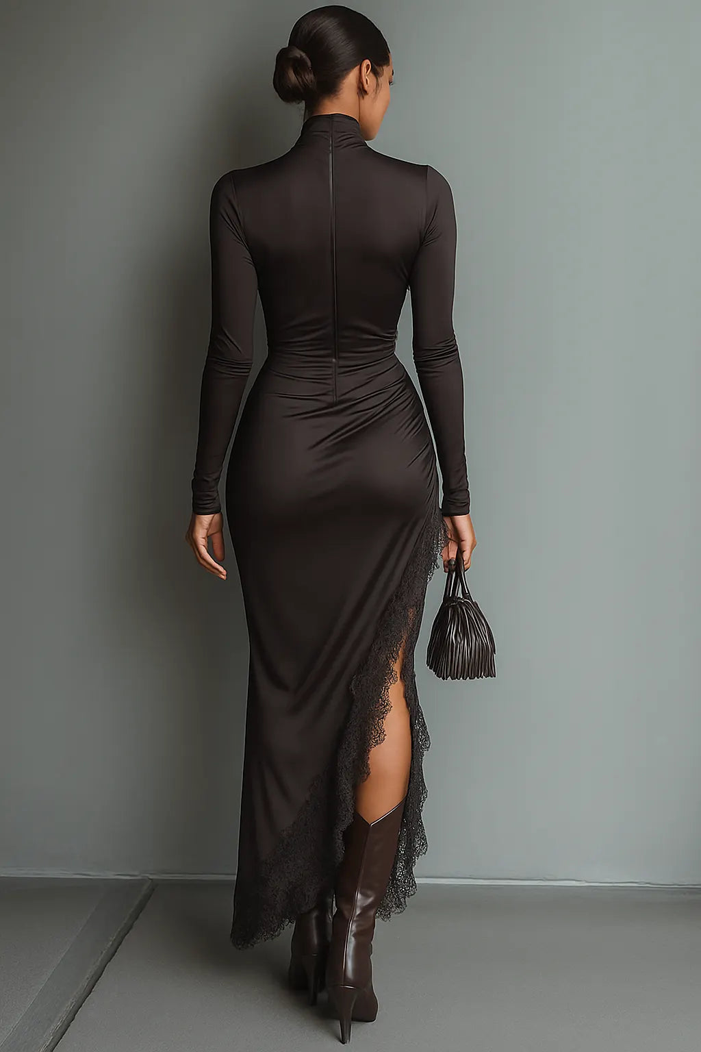 Women's Dark Brown Satin Irregular Hem Lace Slim Maxi Dress MDA0501H1T