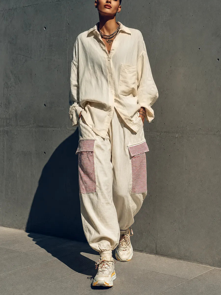 Women's Cream Linen Oversized Pocket Shirt Red White Stripe Patch Cargo Jogger Pants Two Piece Outfit Set MDZ0918G4YZJ