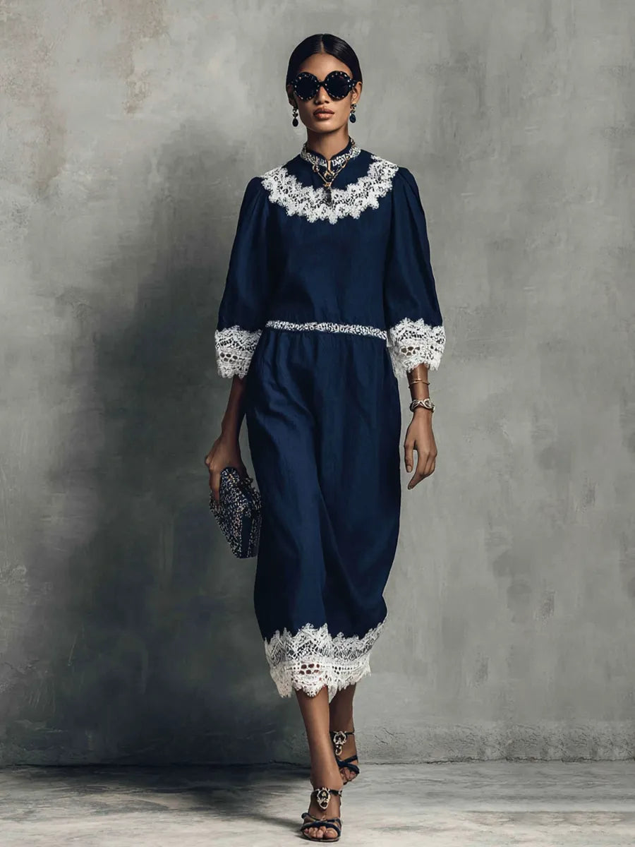 Women's Elegant Navy Blue Cotton Linen Lace Trim Lantern Sleeve Midi Dress MDZ2122G7GMJ