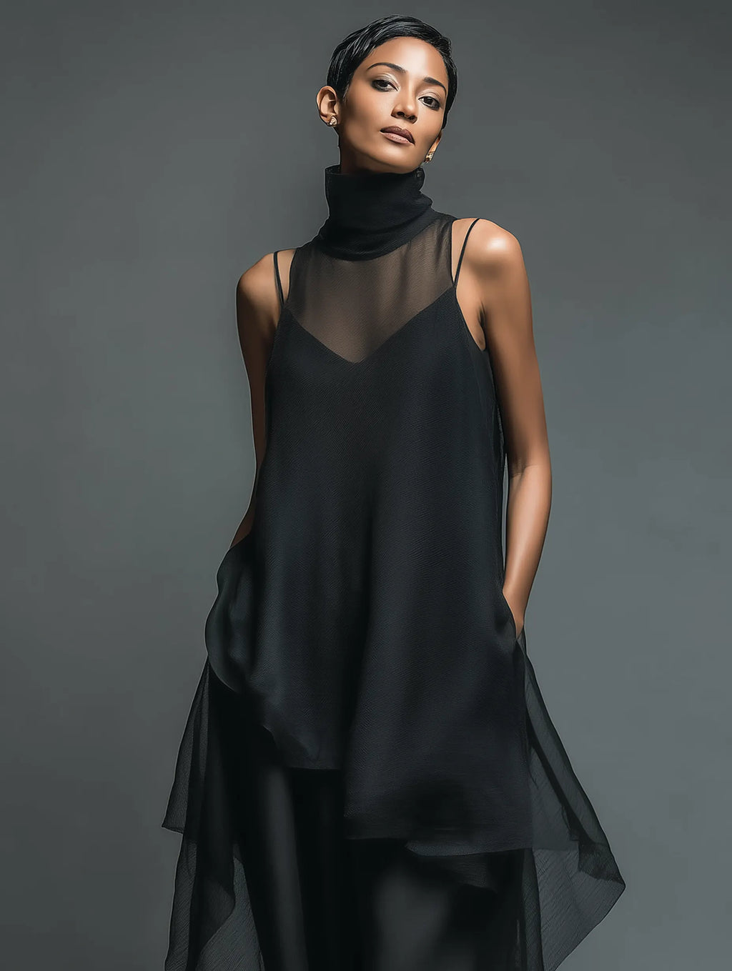 Women's Minimalist Imitation Acetate Slip Dress Paired With A Chiffon Overlay Maxi Dress MDZ2702A3Y