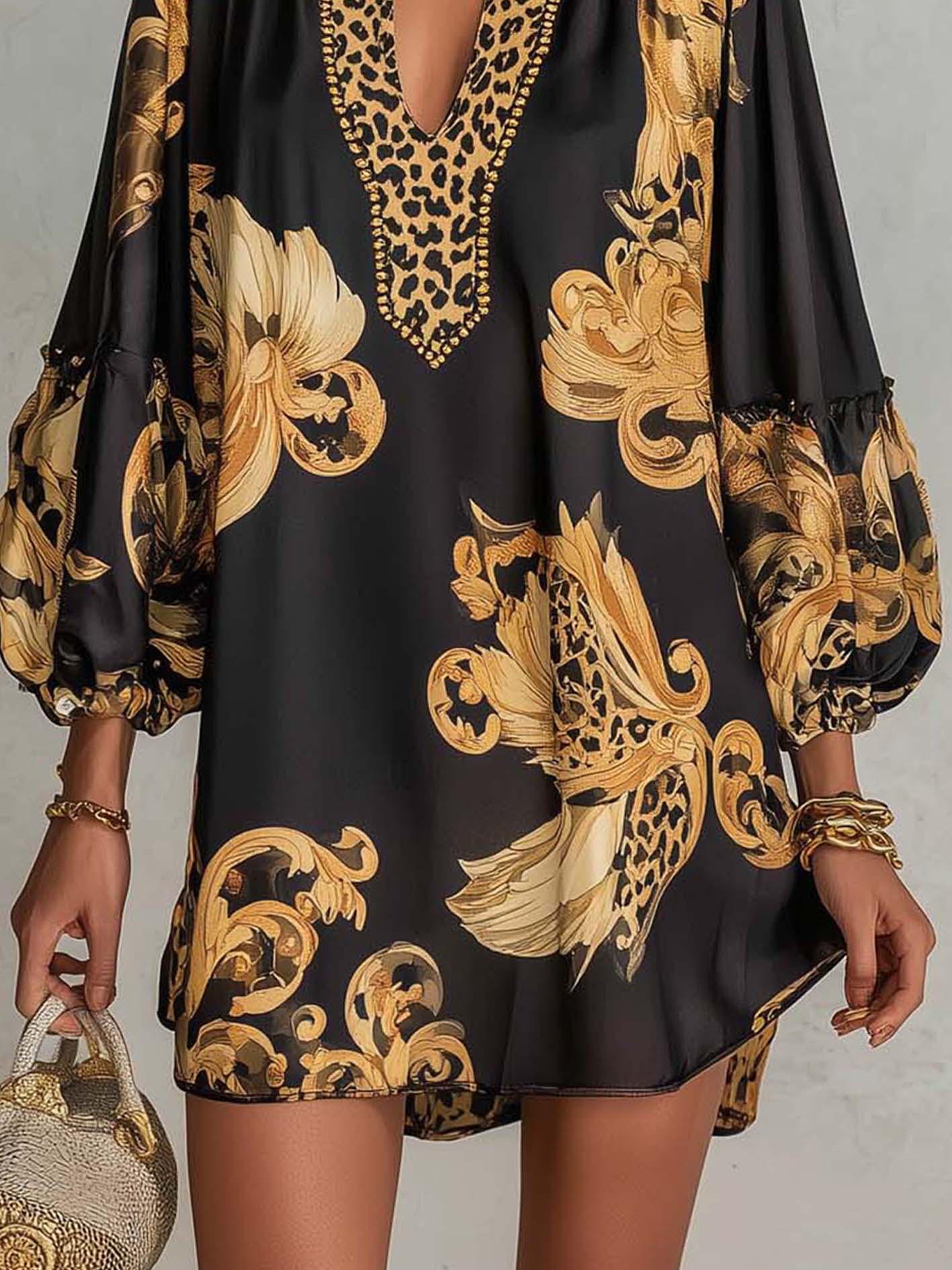 Black Vintage Baroque Print V-Neck Mini Dress With Leopard Trim