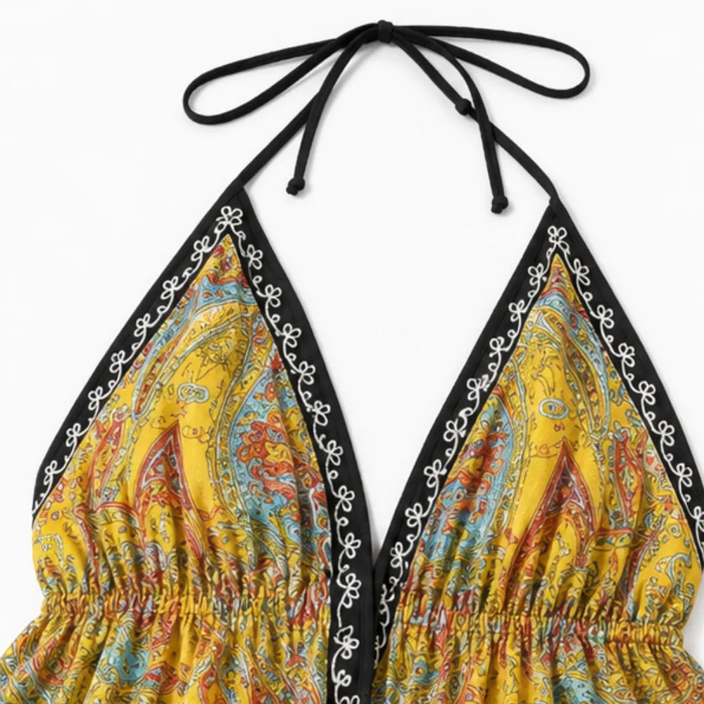 Solivia – Boho paisley halter maxi dress with open back and handkerchief hem