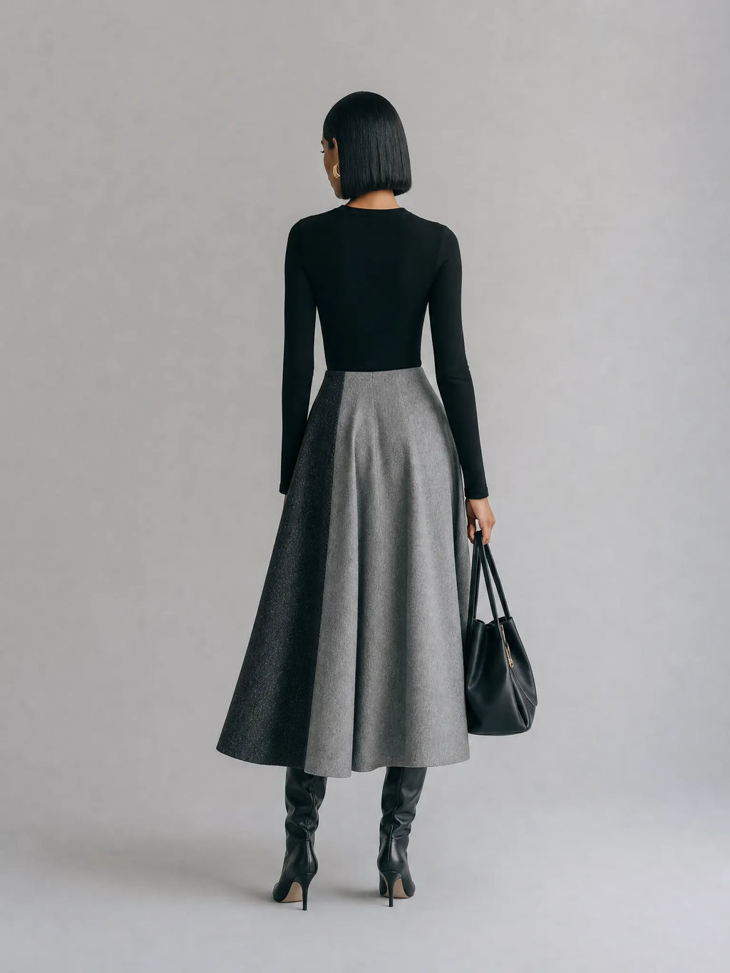 Women's Minimalist Black And Gray Color-Block Long Sleeve Midi Dress MDZ1767G1ZSQ