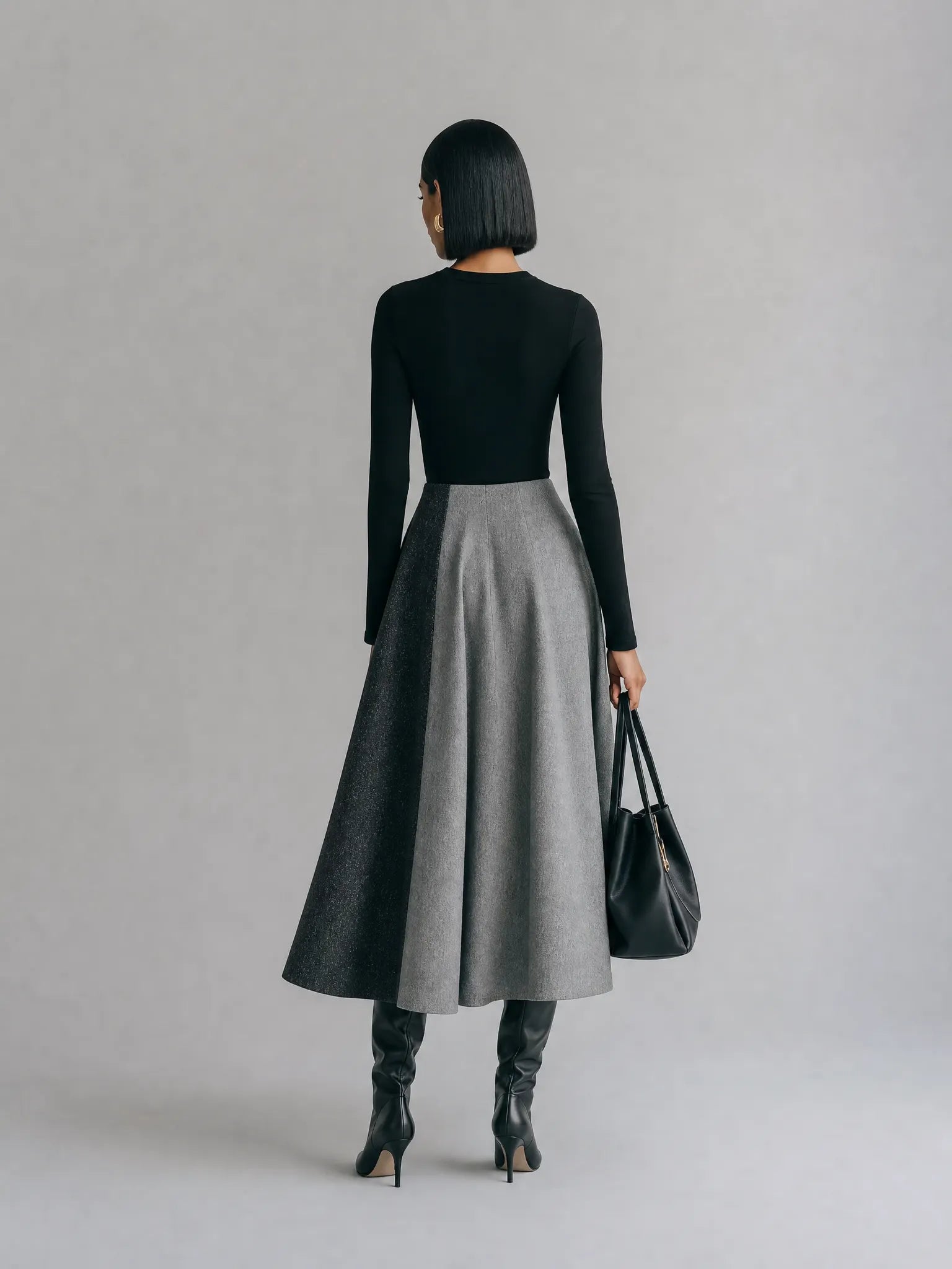 Women's Minimalist Black And Gray Color-Block Long Sleeve Midi Dress MDZ1767G1ZSQ