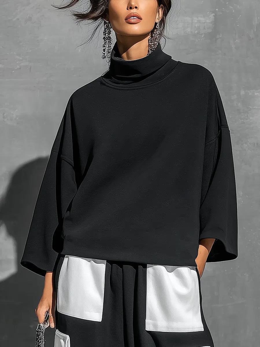 Women’s Black French Terry Oversized High Neck 3/4 Sleeve Sweatshirt & Elastic Cuff Color Block White Patch Pocket Jogger Cargo Pants Two Piece Tracksuit Set MDZ0696G6YZJ