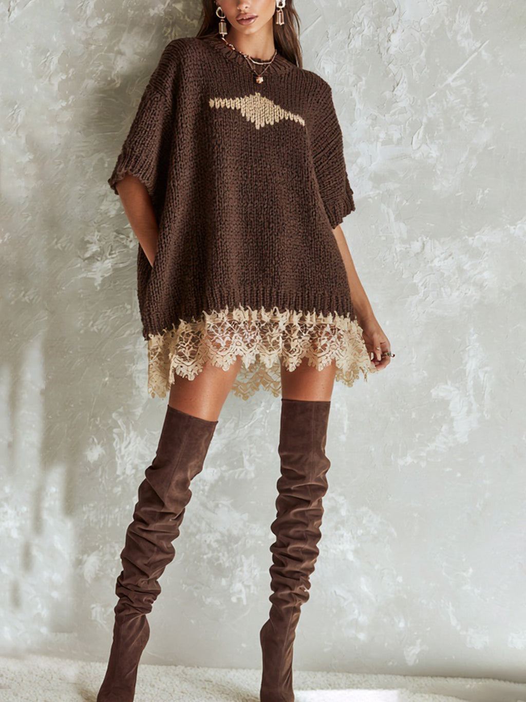 Brown Oversized Lace Hem Knit Mini Dress