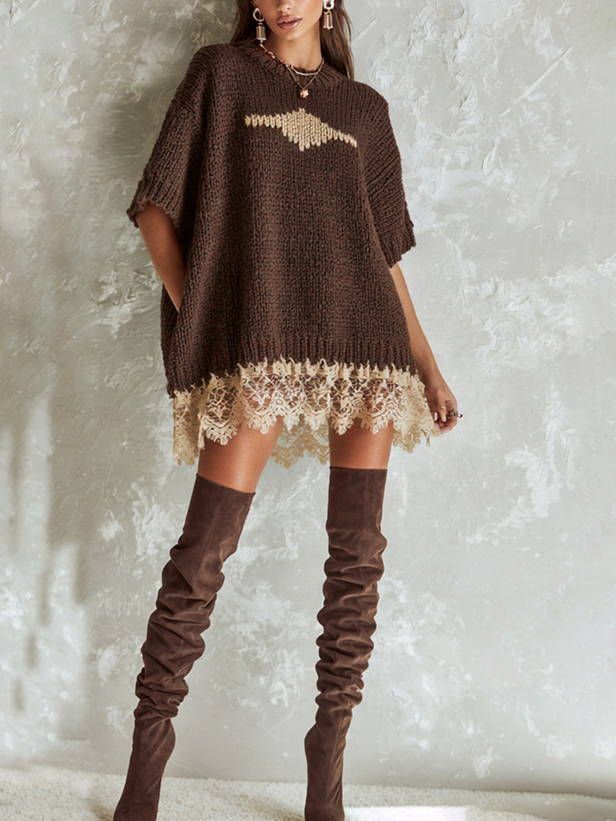 Brown Oversized Lace Hem Knit Mini Dress