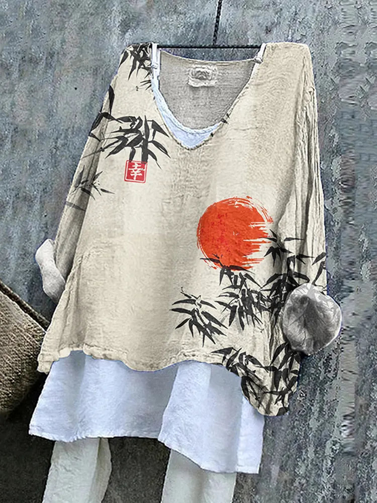 Vintage Japanese Bamboo Red Sun Art Linen Blend Tunic