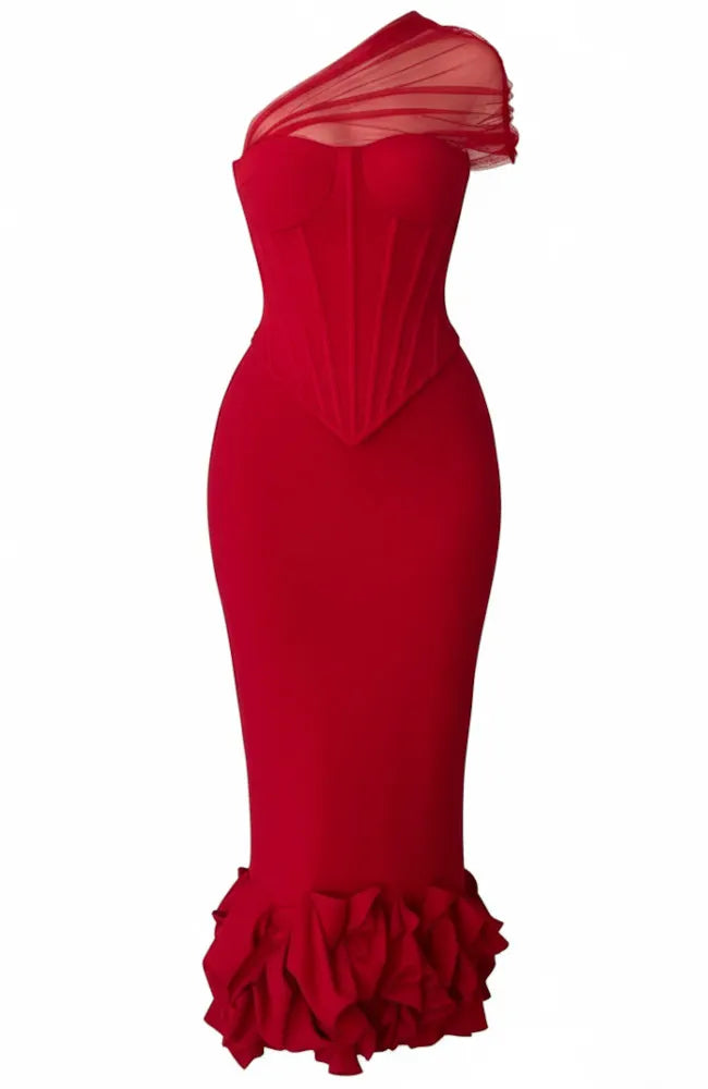 Mesh One Shoulder Corset Midi Dress Red
