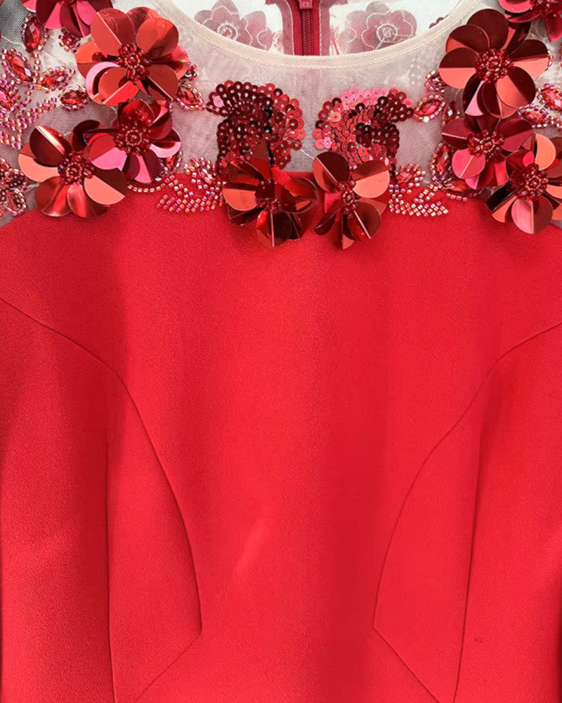 Long Sleeve Floral Sequin Mesh Maxi Dress Red
