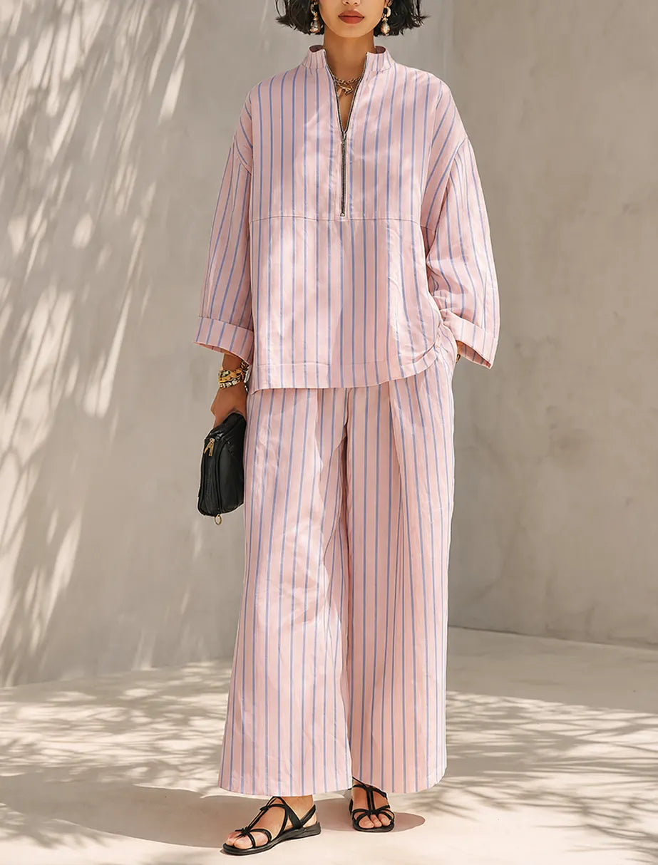 Women's Minimalist Cotton-Linen Blend Half-Zip Long-Sleeve Top & Wide-Leg Pants Set MDZ0962G3ZRK