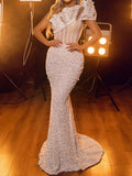 One-Shoulder Sleeveless Beaded Decorated Falbala Wrap White Wedding Maxi Dress