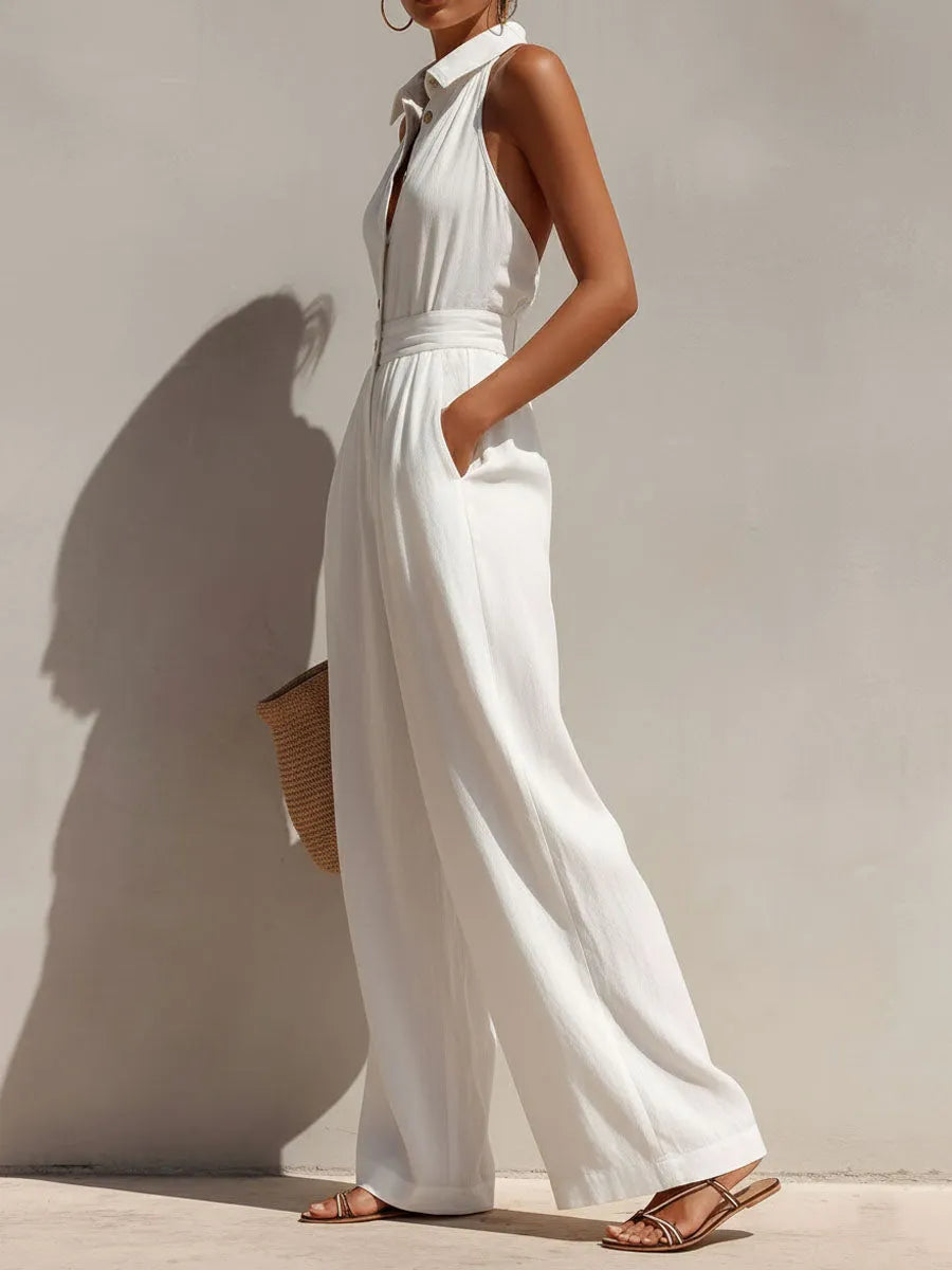 Boho Chic White Button-Front Wide-Leg Jumpsuit